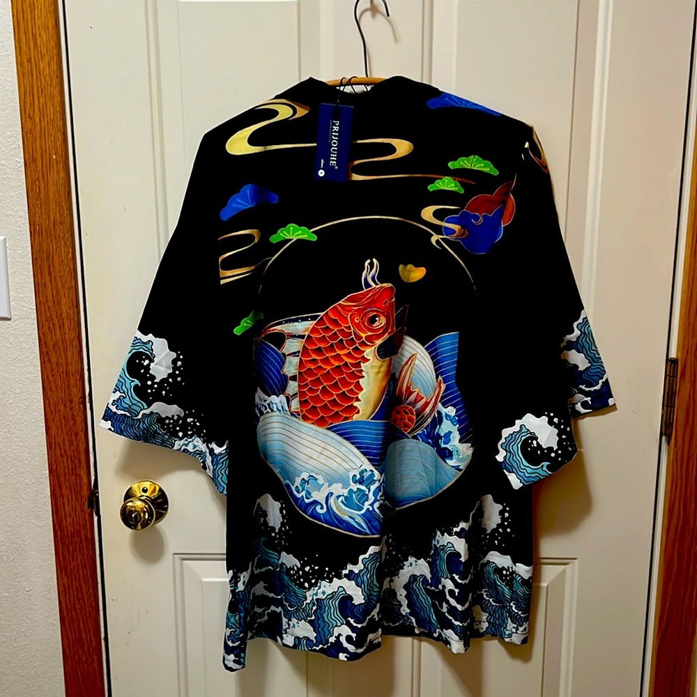 Kimono with koi and waves. Unisex, small, sash belt